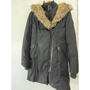 ATELIER NOIR Fur Trim Hooded Coat Black Solid Long Sleeve Size M